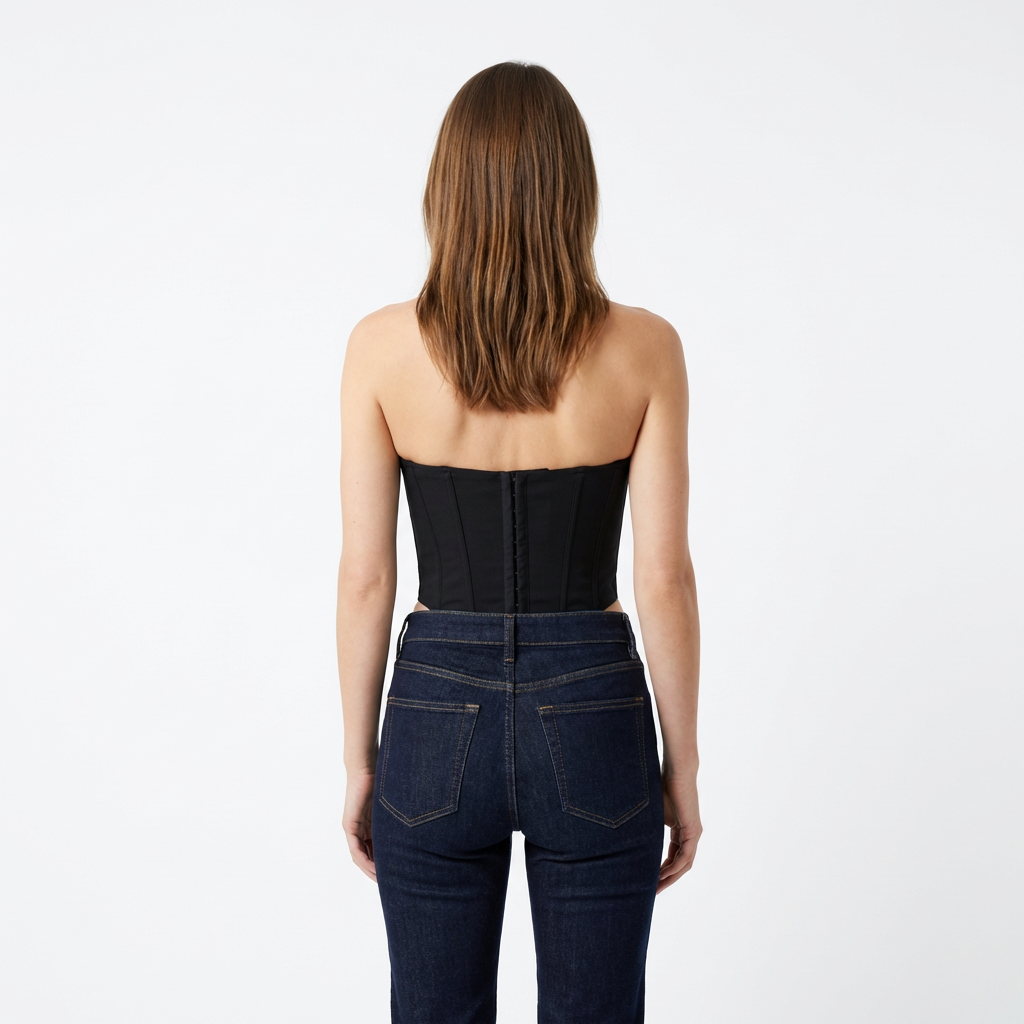 Schwarzes Bustier Crop Top Dreiviertelansicht, offener Rücken