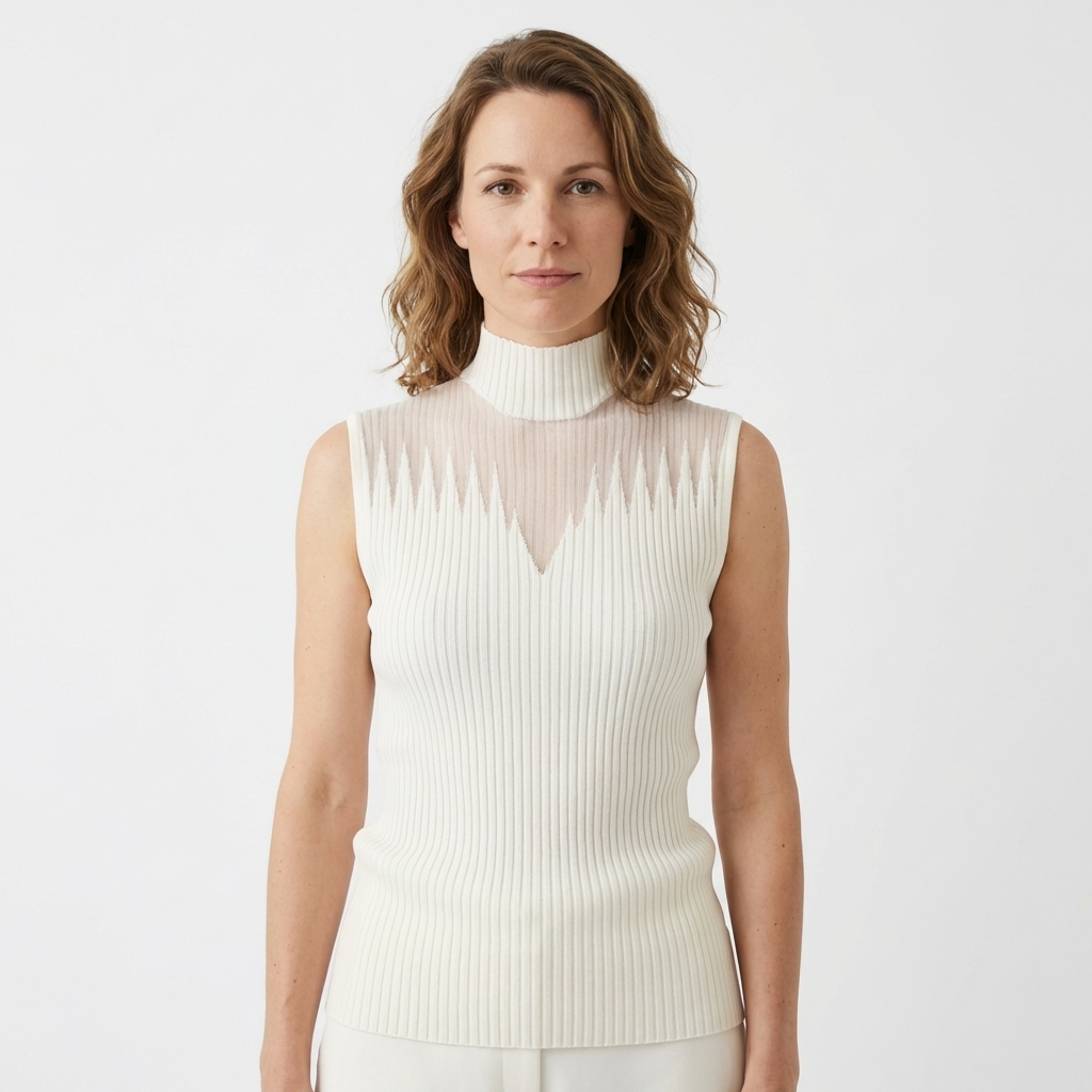 Ärmelloses Rippenstrick-Crop-Top mit Rollkragen, Beige, Frontansicht