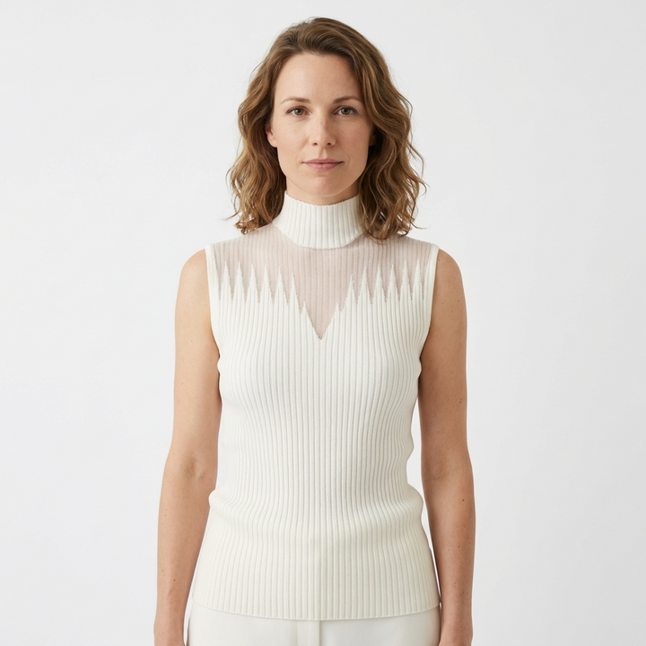 Ärmelloses Rippenstrick-Crop-Top mit Rollkragen, Beige, Frontansicht
