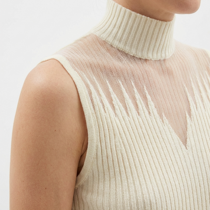 Ärmelloses Rippenstrick-Crop-Top mit Rollkragen, Schwarz, Frontansicht