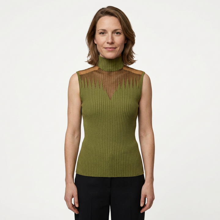 Ärmelloses Rippenstrick-Crop-Top mit Rollkragen, Weiß, Frontansicht