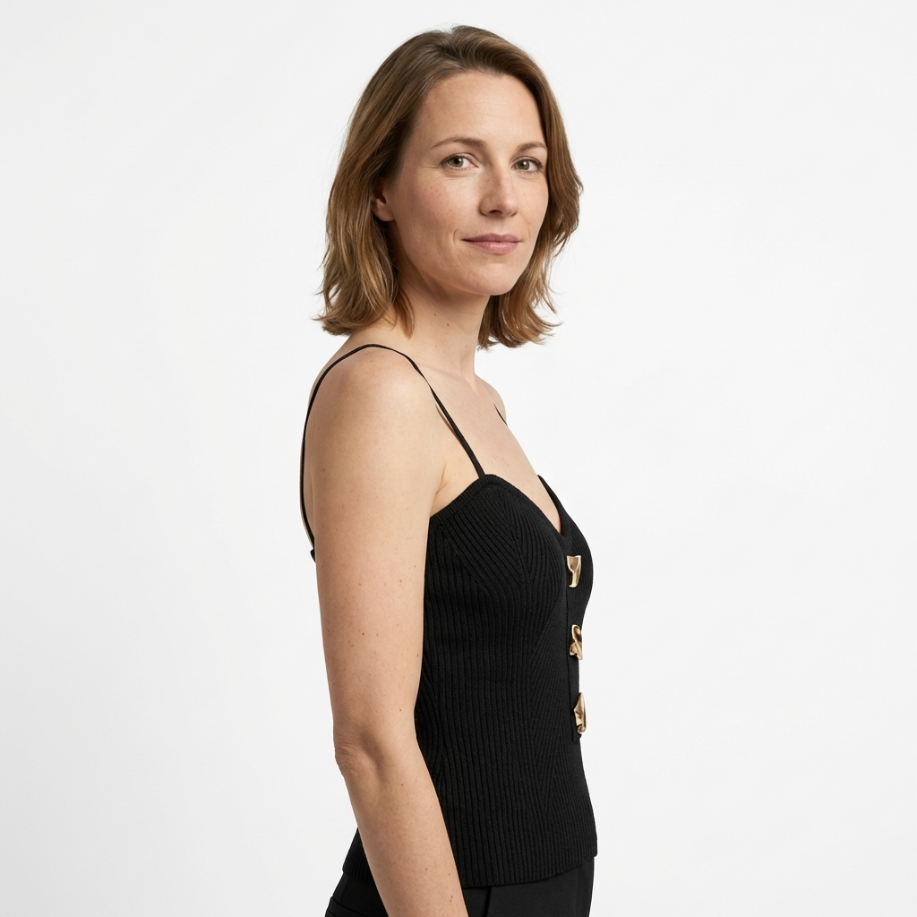Schwarzes Strick-Camisole, körpernah, Seitenansicht mit goldenen Schnallen