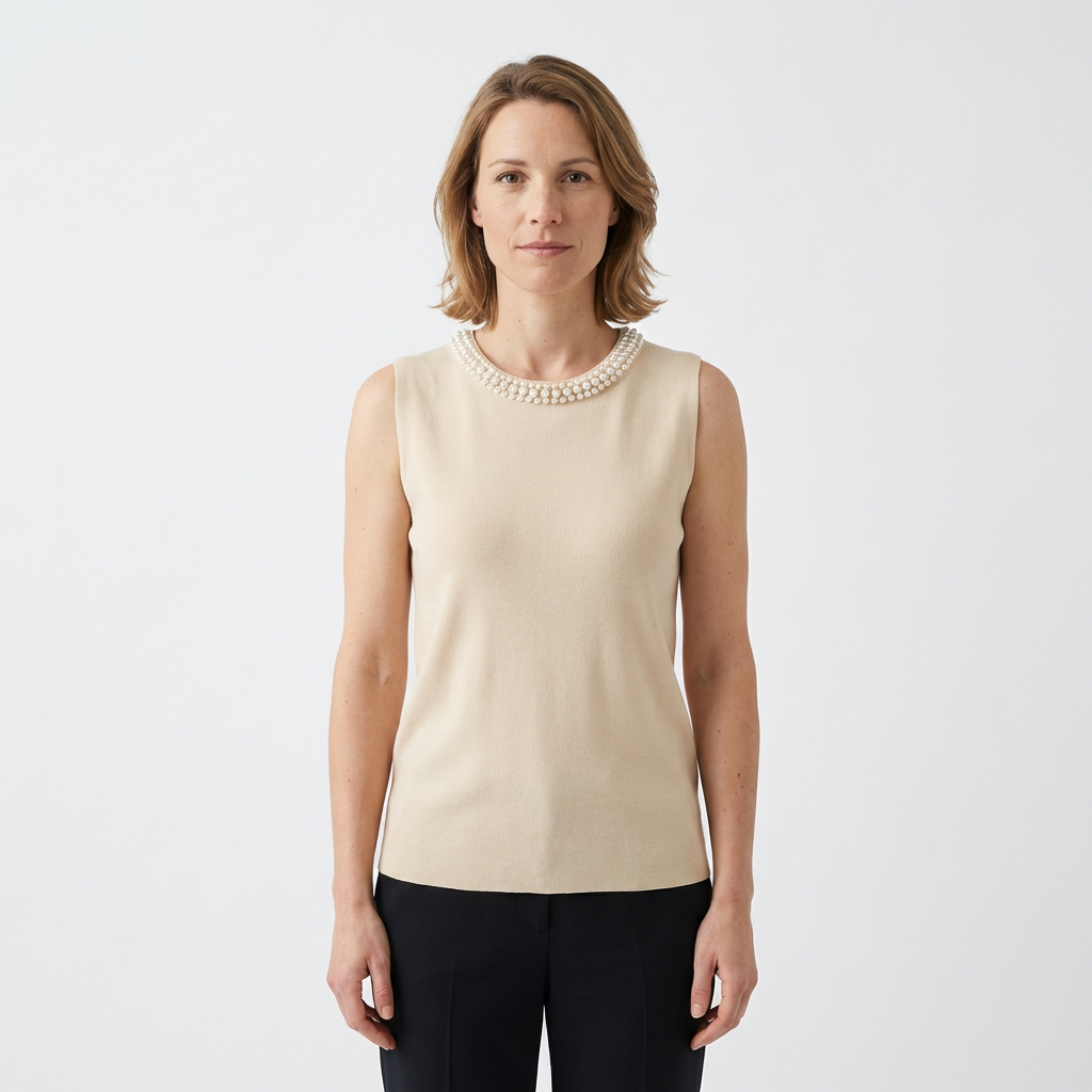 Ärmelloses Strick-Top mit Perlenkragen in Beige, Frontansicht