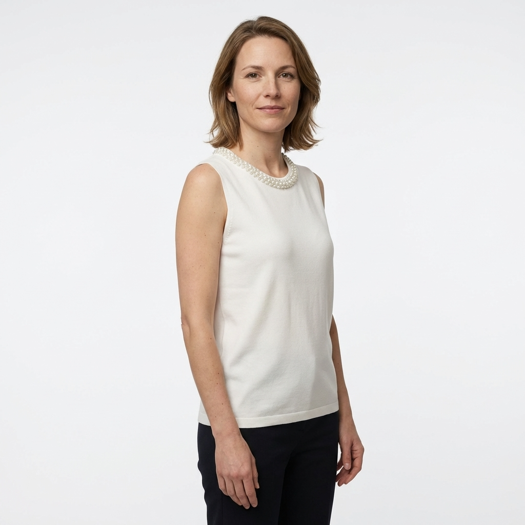 Ärmelloses Strick-Top mit Perlenkragen in Weiß, glitzernde Zierdetails