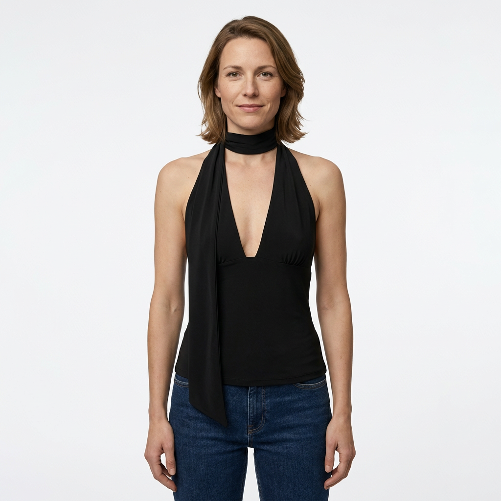 Schwarzes Halter Crop Top mit tiefem V-Ausschnitt und Satin-Optik, Frontansicht