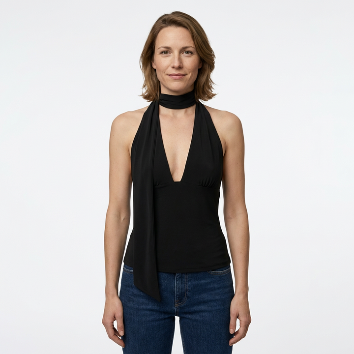 Schwarzes Halter Crop Top mit tiefem V-Ausschnitt und Satin-Optik, Frontansicht