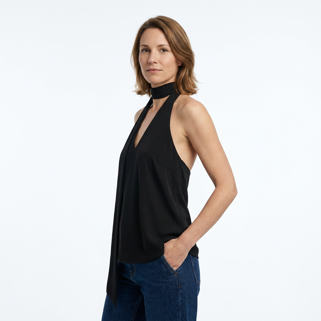Schwarzes Halter Top, rückenfreies Design mit Neckholder-Band, Rückenansicht