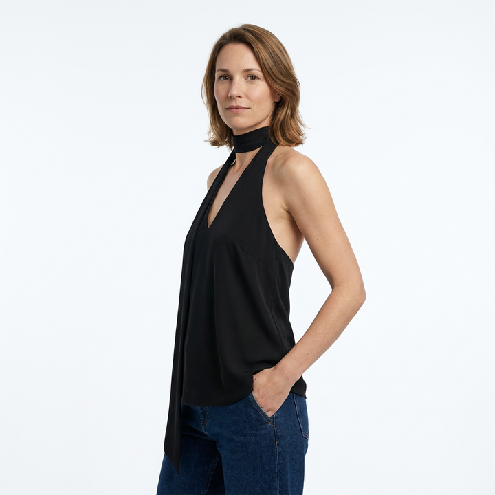 Schwarzes Halter Top, rückenfreies Design mit Neckholder-Band, Rückenansicht