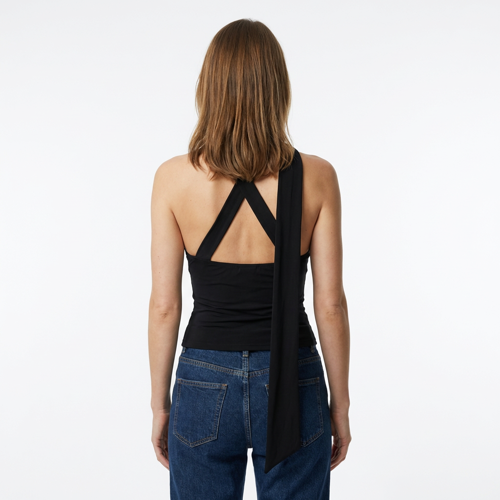 Schwarzes Halter Top mit Bandage-Styling und Neckholder, Seitenansicht