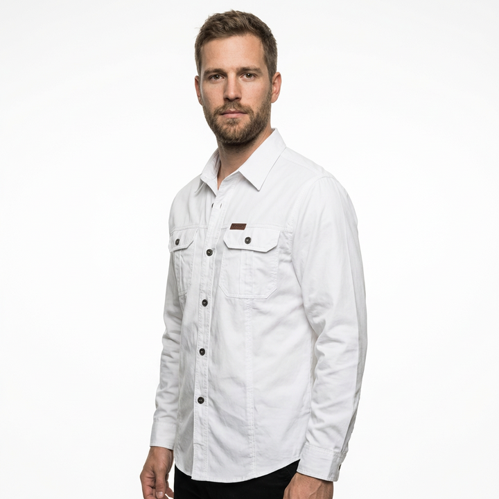 Herren Cargo-Hemd Khaki, Langarm mit Multi-Taschen, Frontansicht