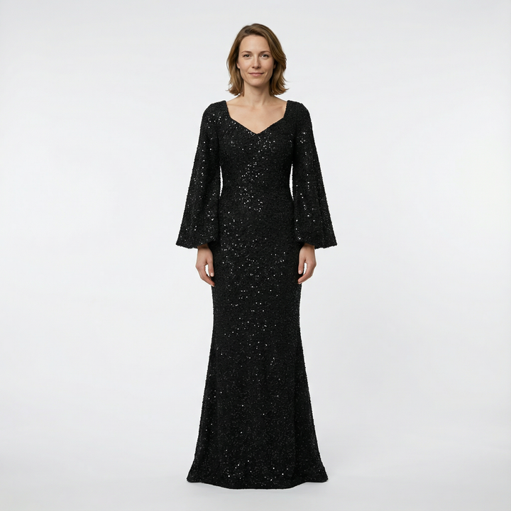 Damen Pailletten Abendkleid, figurbetonte Meerjungfrau-Silhouette mit Glockenärmeln, Vorderansicht