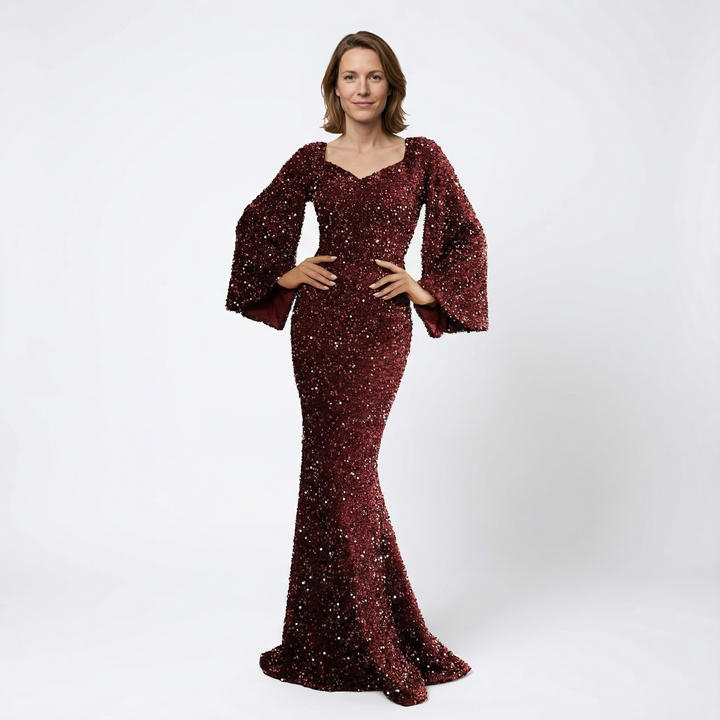 Damen Pailletten Abendkleid in Bordeaux, Meerjungfrau-Silhouette mit Glockenärmeln, Vorderansicht