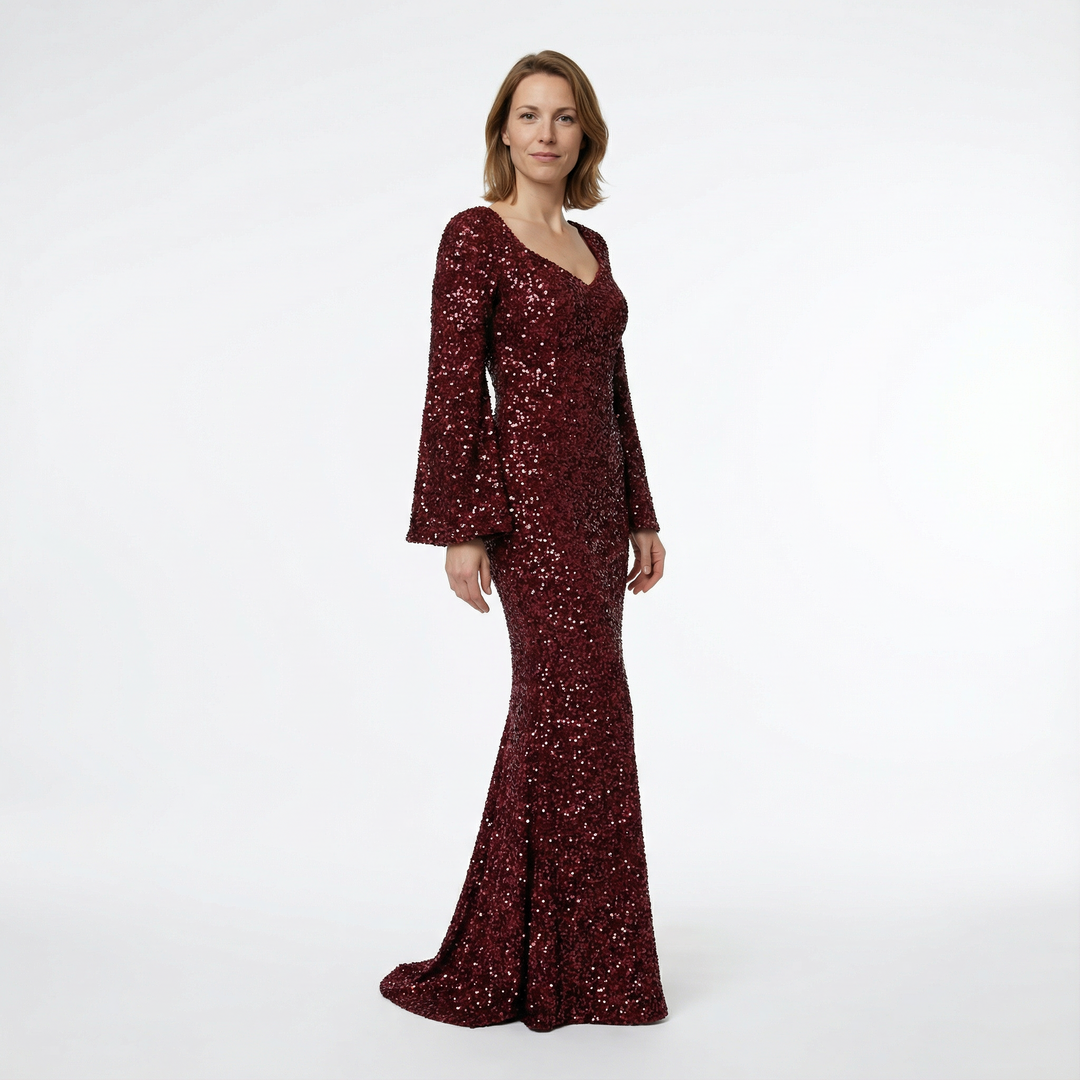 Seitenansicht Damen Pailletten Abendkleid in Bordeaux, Meerjungfrau-Silhouette und Schleppe