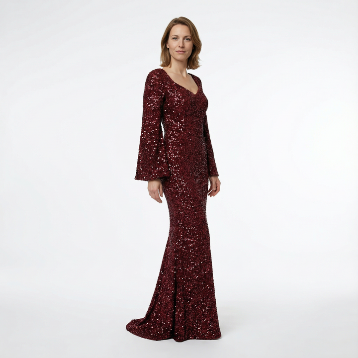 Seitenansicht Damen Pailletten Abendkleid in Bordeaux, Meerjungfrau-Silhouette und Schleppe