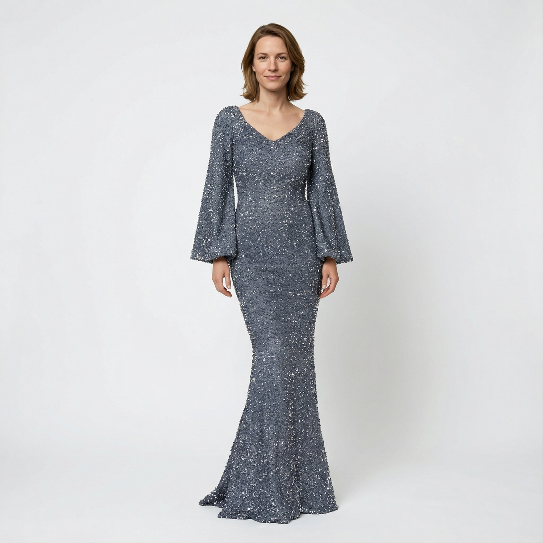 Damen Pailletten Abendkleid in Grau-Blau, figurbetonte Silhouette mit Glockenärmeln, Vorderansicht