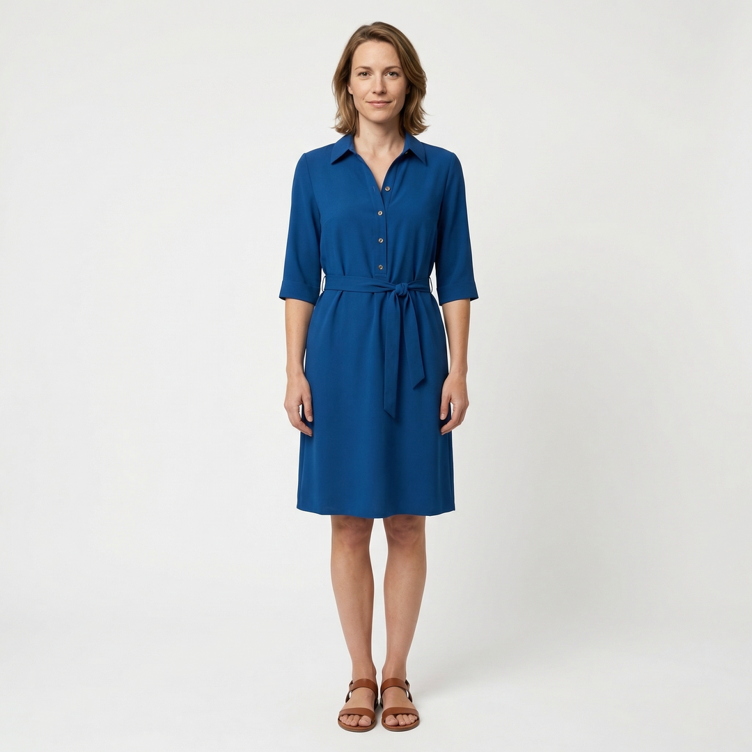 Midi-Hemdblusenkleid Dunkelblau, Seitenansicht, A-Linie mit Taillenschnürung