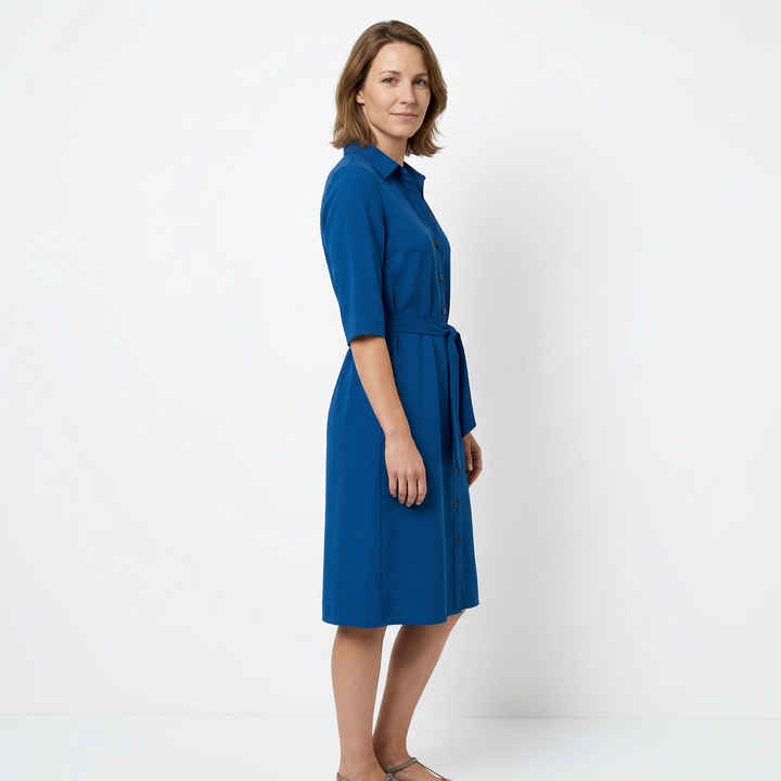 Midi-Hemdblusenkleid Dunkelblau, Rückenansicht mit Schnürungsdetail an der Taille