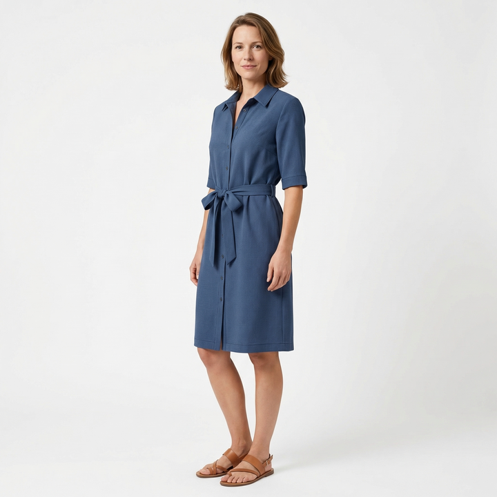 Midi-Hemdblusenkleid Jeansblau, Seitenansicht mit A-Linie Silhouette