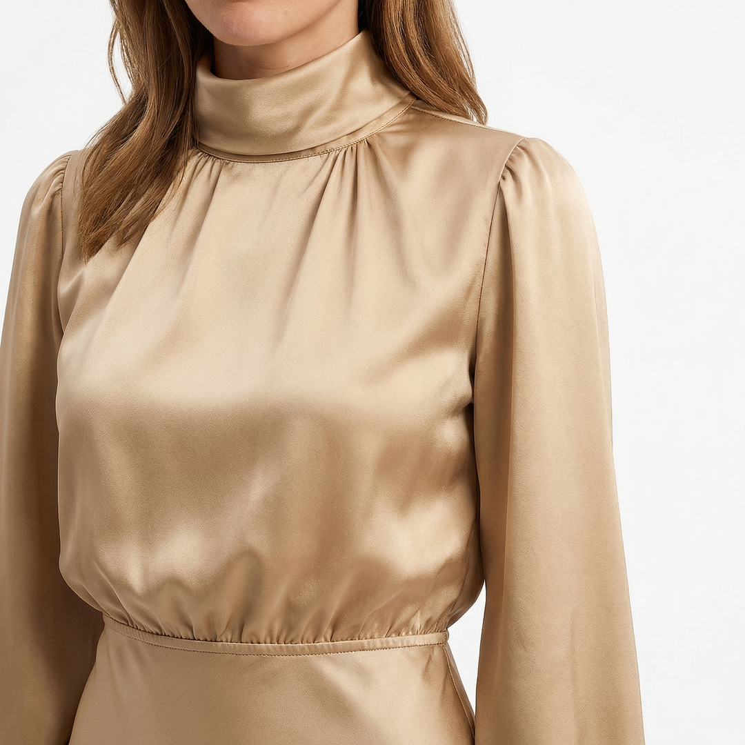 Nahaufnahme Oberteil Damen Satin Kleid, geraffter Schalkragen und elastische Taille