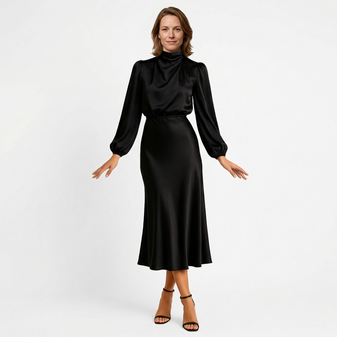 Damen Satin Midi Kleid in Schwarz, Schalkragen und Puffärmel, Vorderansicht