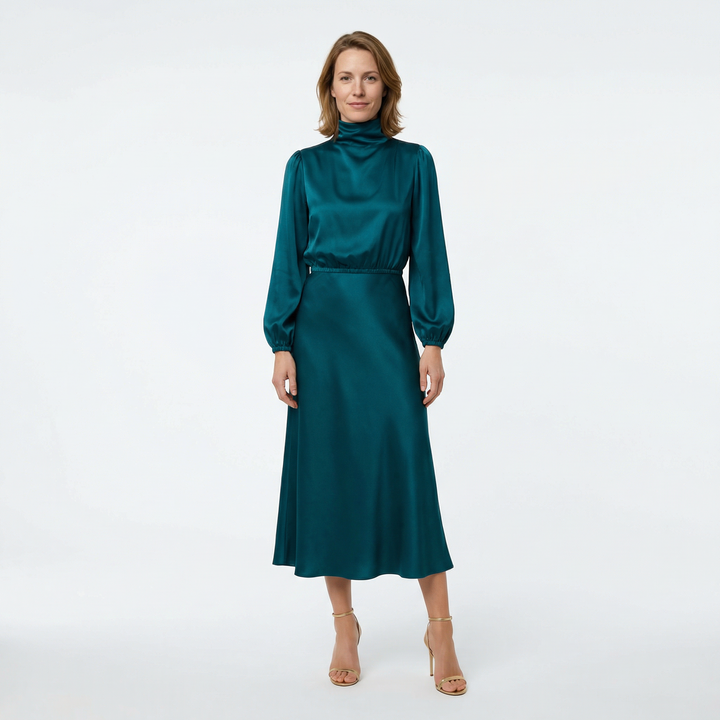 Damen Satin Midi Kleid in Dunkelgrün, Schalkragen und Langarm, Vorderansicht