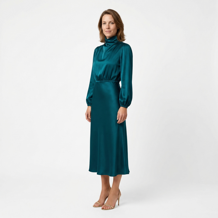 Damen Satin Midi Kleid in Dunkelgrün, Seitenansicht mit fließendem A-Linie-Rock