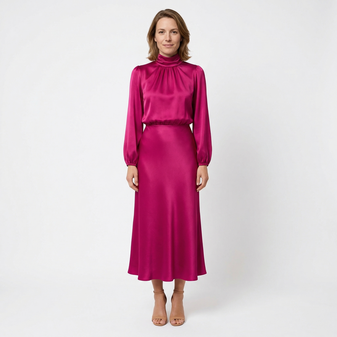 Damen Satin Midi Kleid in Pink, Schalkragen mit Raffung und Langarm, Vorderansicht