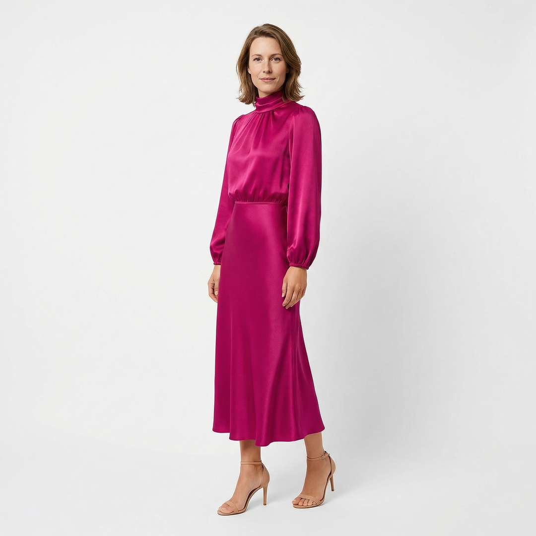 Damen Satin Midi Kleid in Pink, Seitenansicht mit ausgestelltem Midi-Rock