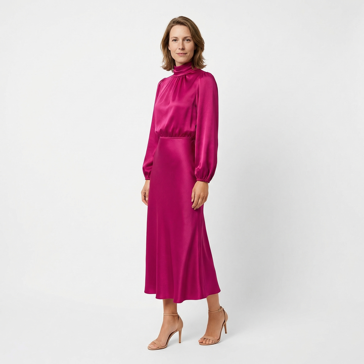Damen Satin Midi Kleid in Pink, Seitenansicht mit ausgestelltem Midi-Rock
