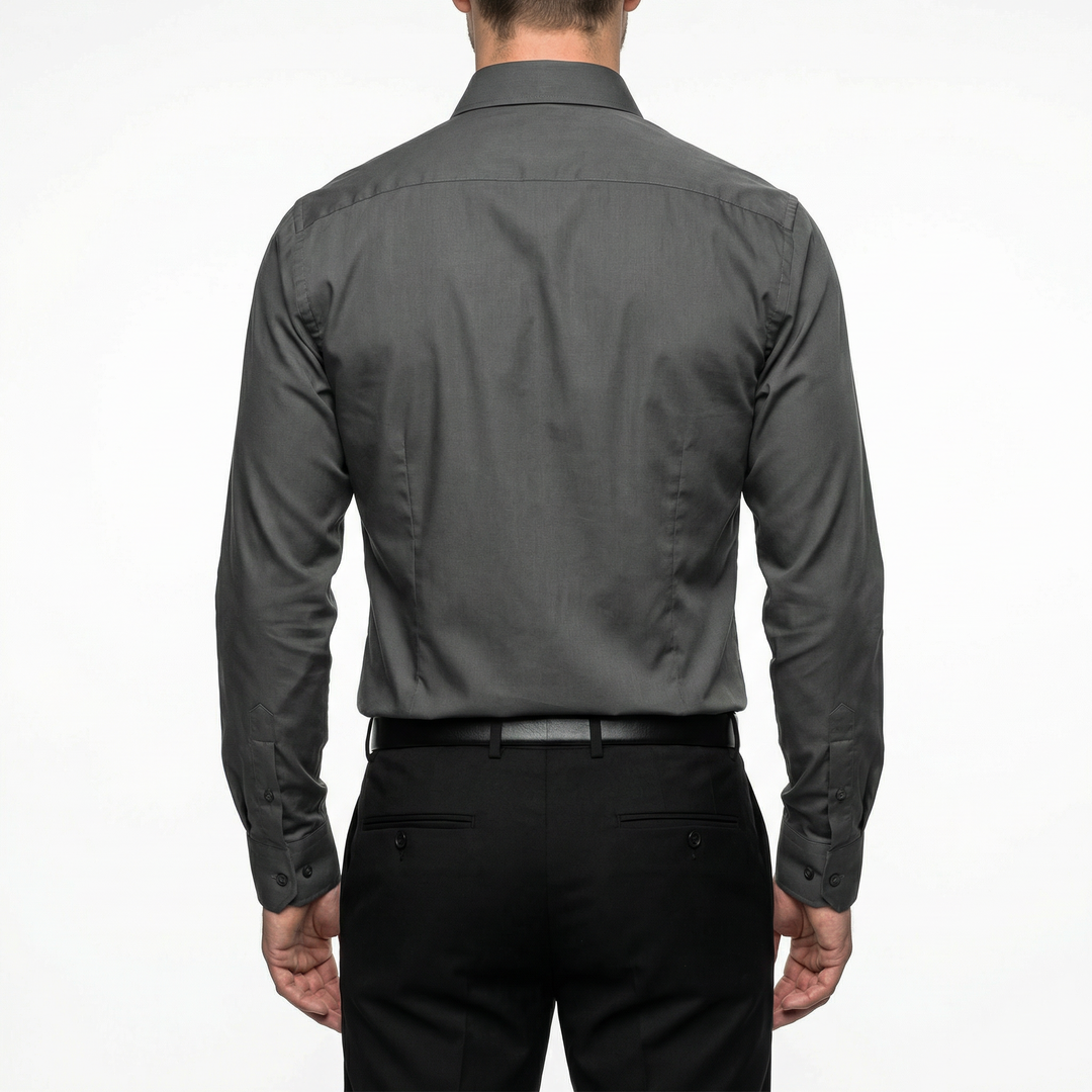Rückenansicht Herren Slim-Fit Hemd in Dunkelgrau, glatter Rücken sichtbar