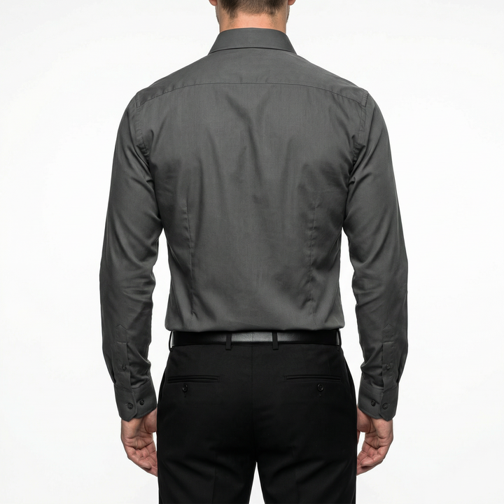 Rückenansicht Herren Slim-Fit Hemd in Dunkelgrau, glatter Rücken sichtbar