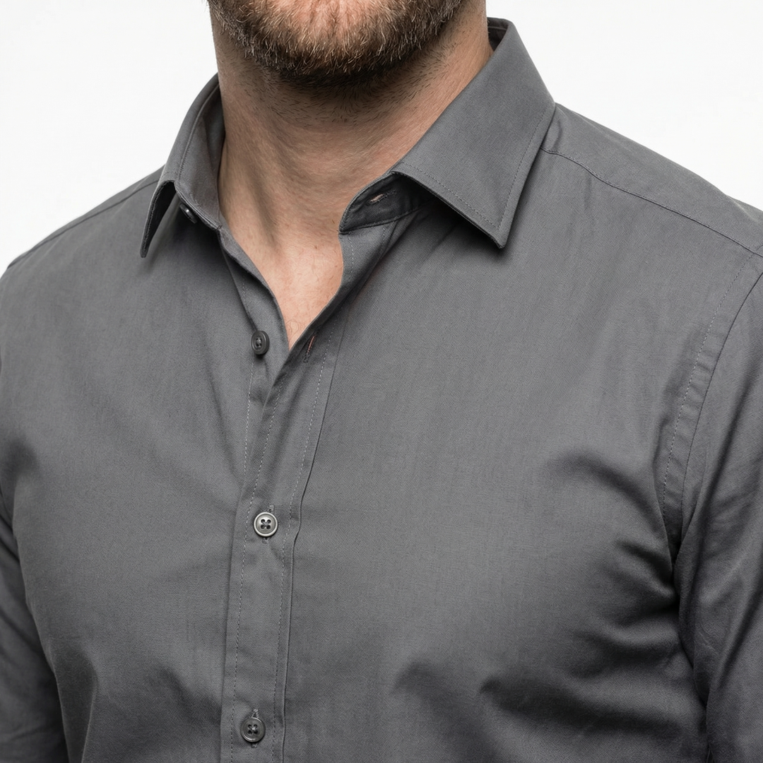 Nahaufnahme Umlegekragen und Knopfleiste, Herren Business Hemd Dunkelgrau