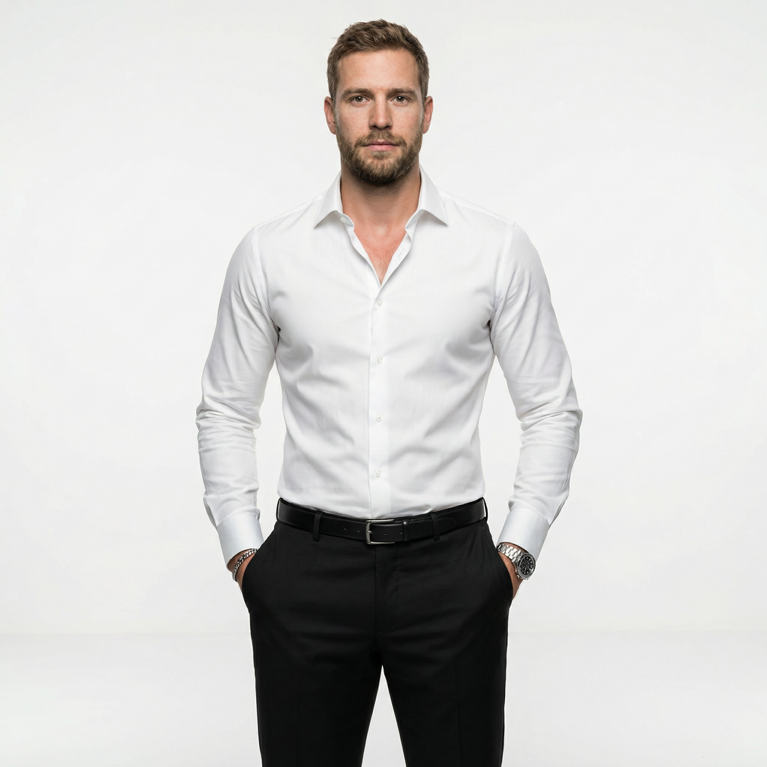 Herren Langarmhemd in Weiß, Slim Fit, Vorderansicht am Model