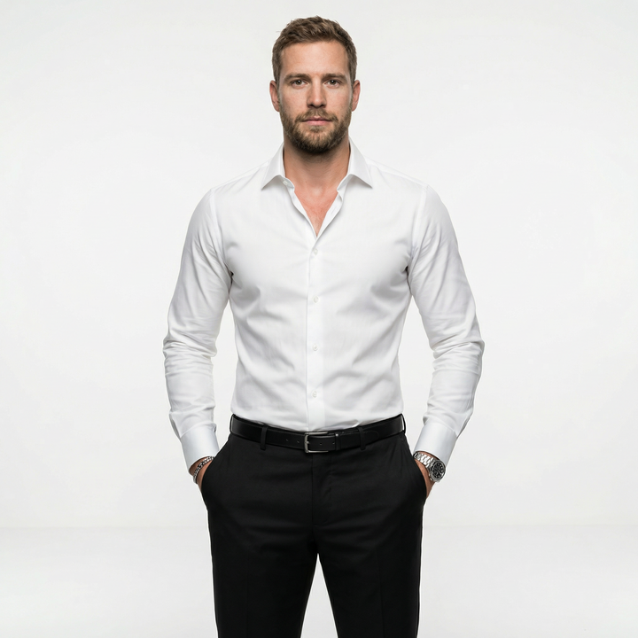 Herren Langarmhemd in Weiß, Slim Fit, Vorderansicht am Model