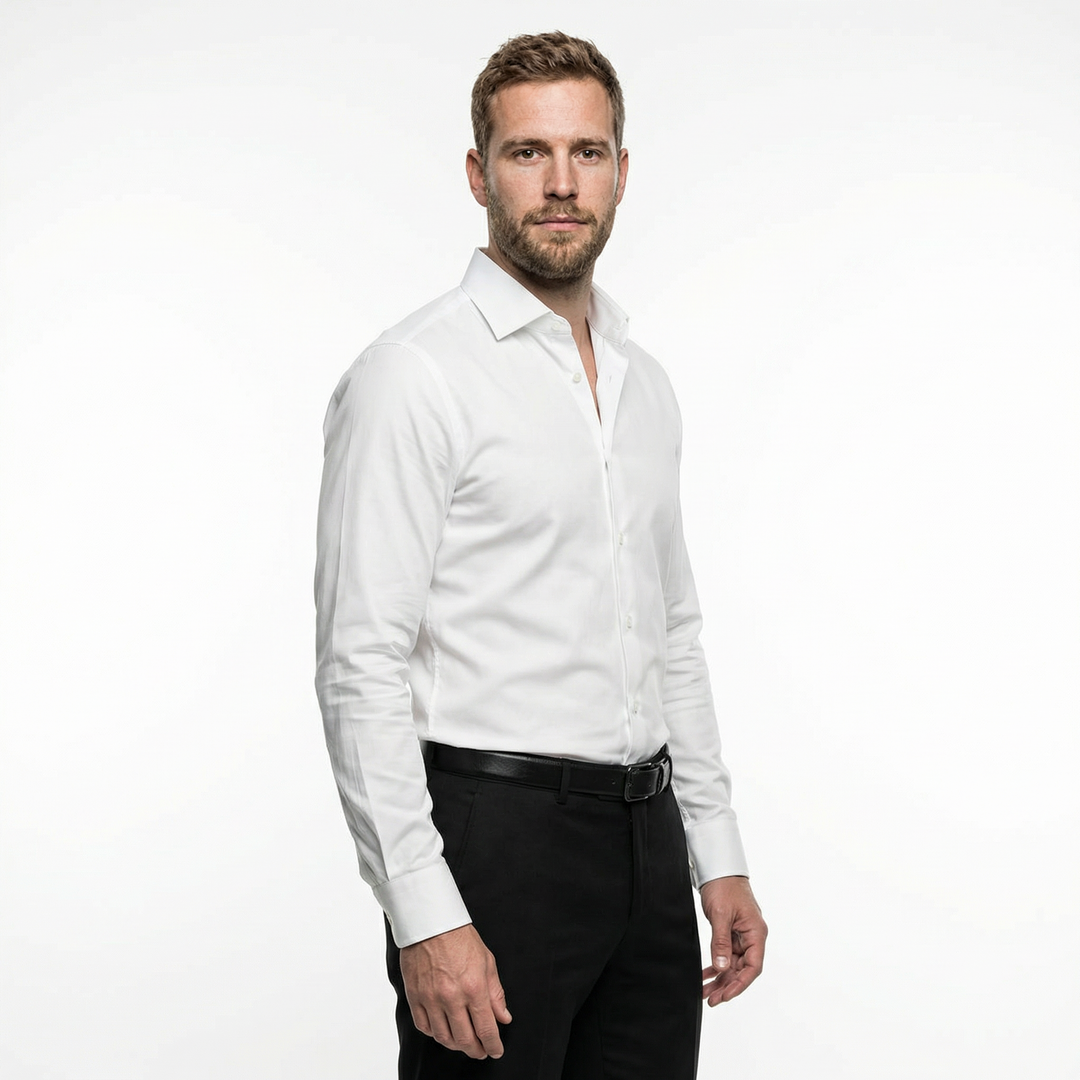 Herren Langarmhemd Weiß, Seitenansicht Slim Fit Schnitt