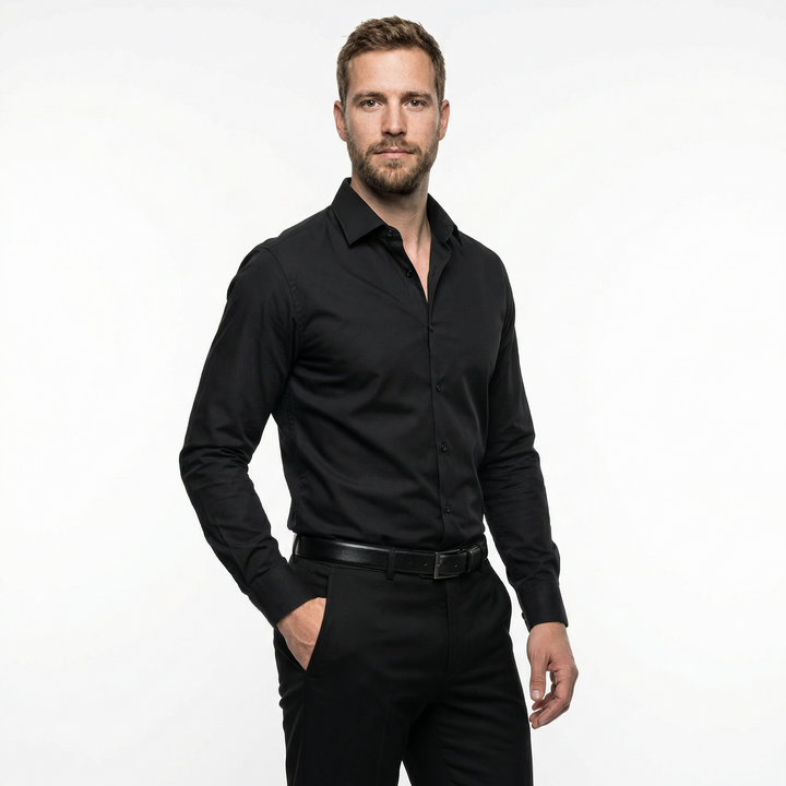 Herren Langarmhemd Schwarz, Seitenansicht Business Stil