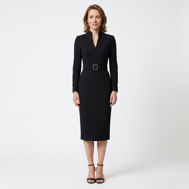 Damen Etui Midi Kleid in Schwarz mit Gürtel und V-Ausschnitt, Vorderansicht am Model
