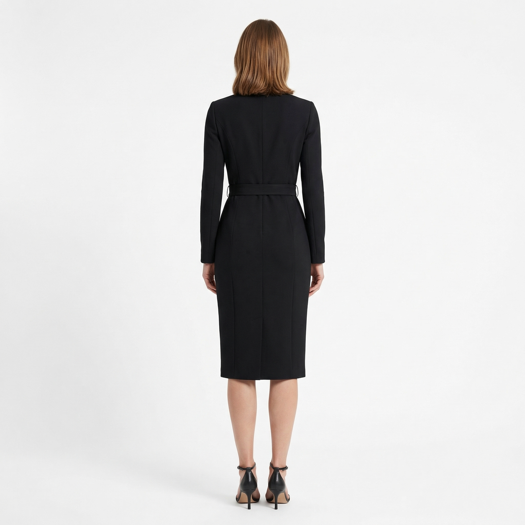 Damen Etui Midi Kleid in Schwarz, Rükckenansicht mit Gürtel und Langarm