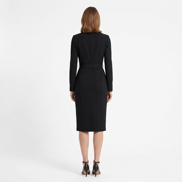 Damen Etui Midi Kleid in Schwarz, Rükckenansicht mit Gürtel und Langarm