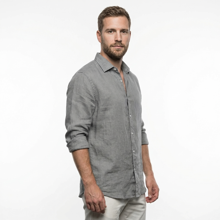 Herren-Leinenhemd in Khaki, Lapelkragen, Frontansicht