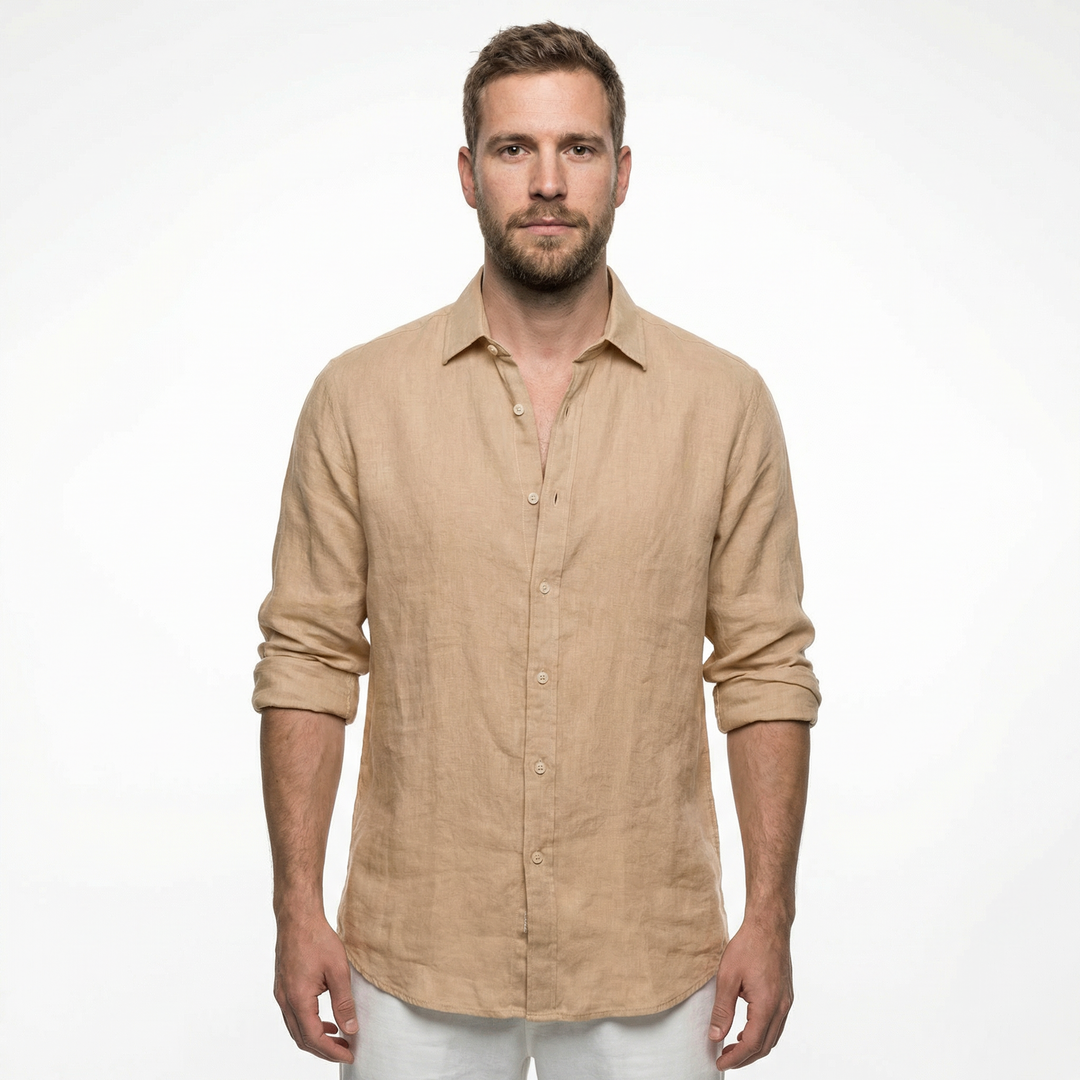 Herren-Leinenhemd in Khaki, Seitenansicht, Langarm Loose Fit