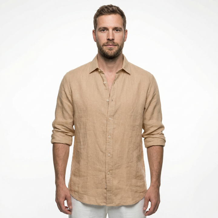 Herren-Leinenhemd in Khaki, Seitenansicht, Langarm Loose Fit