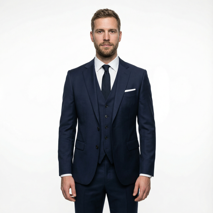 Herren Dreiteiler Anzug in Marineblau, Sakko mit Weste und Hose, Vorderansicht