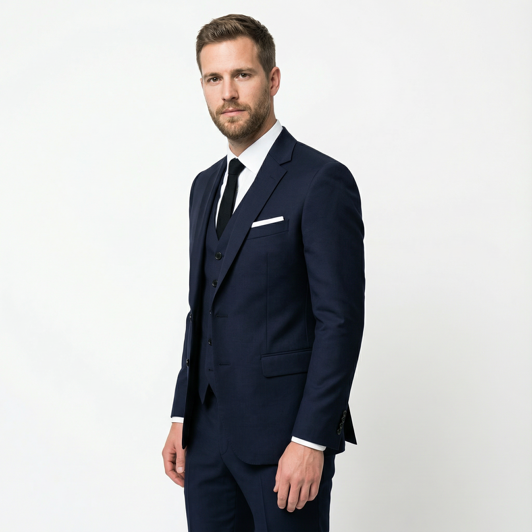 Seitenansicht Herren Dreiteiler Anzug in Marineblau, Slim Fit mit Weste sichtbar