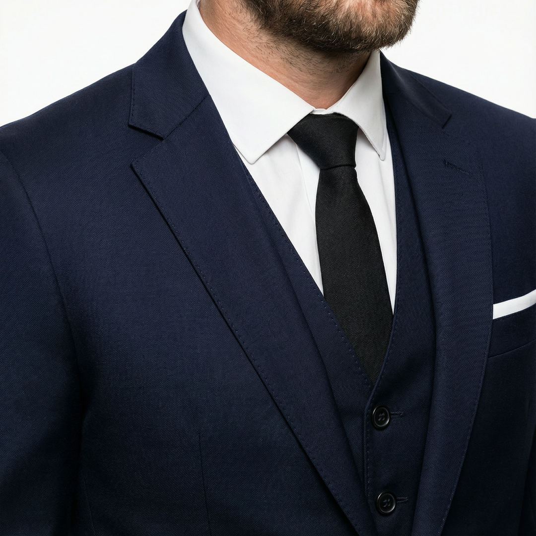 Nahaufnahme Revers, Weste und Krawatte, Herren Dreiteiler in Marineblau