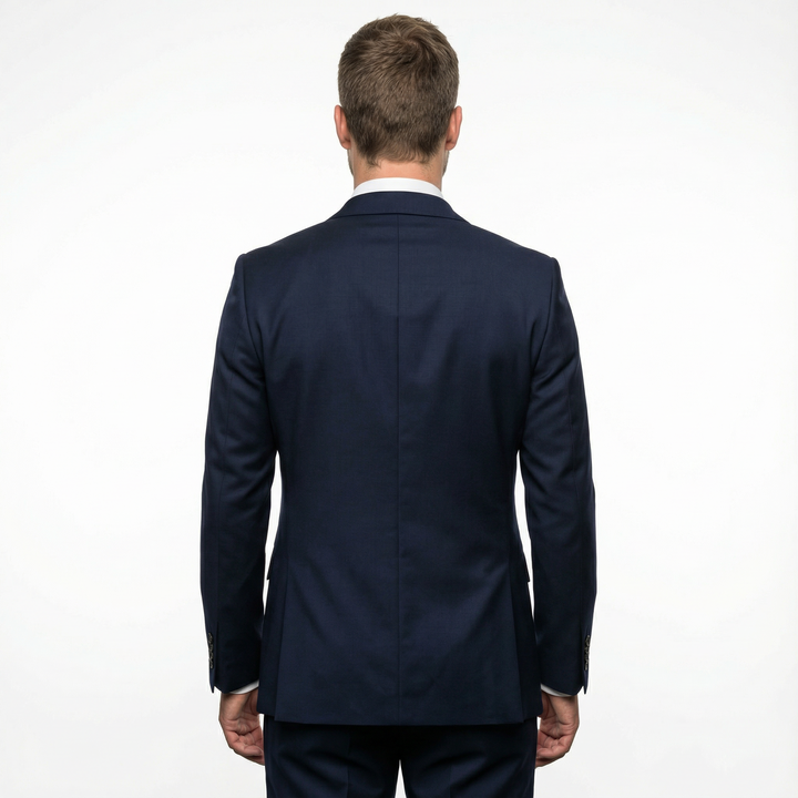 Rückenansicht Herren Slim Fit Anzug Sakko in Marineblau, saubere Rückenlinie