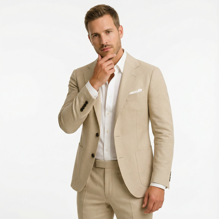 Herren Zweiteiler Beige – alternative Pose, lässig eleganter Schnitt