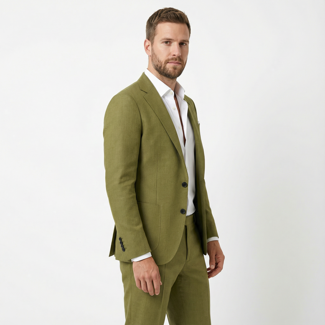 Herren Zweiteiler Anzug Olive – Seitenansicht, sommerlicher Slim Fit