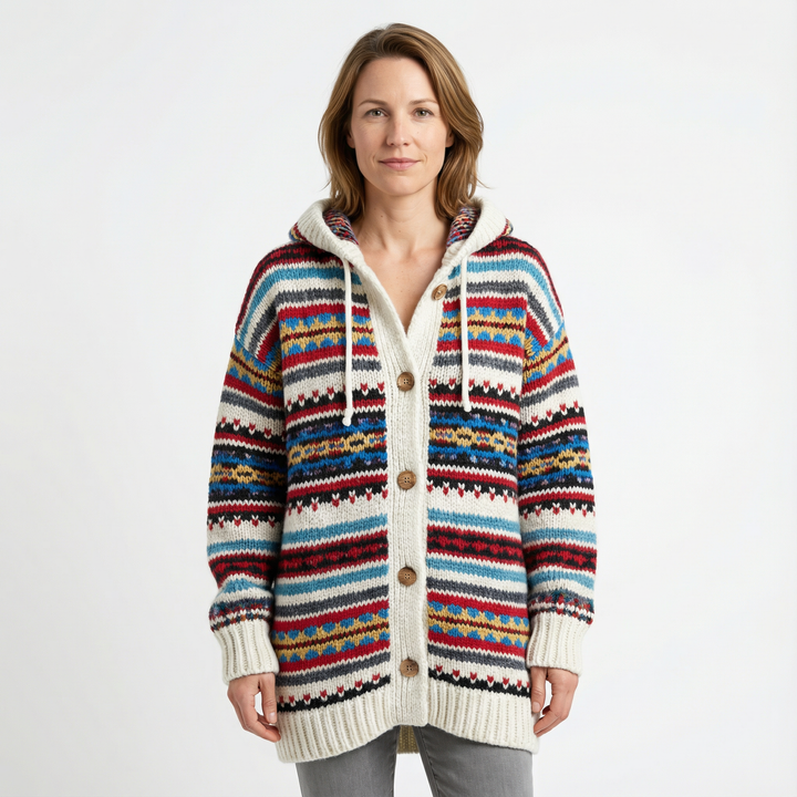 Damen Hoodie Cardigan mit 3D-Tier-Aufdruck, Kapuze, Vorderansicht am Model