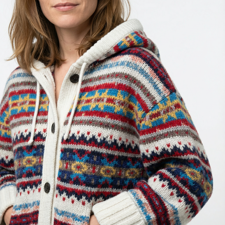 Seitenansicht Damen Oversized Cardigan mit Kapuze und Langarm